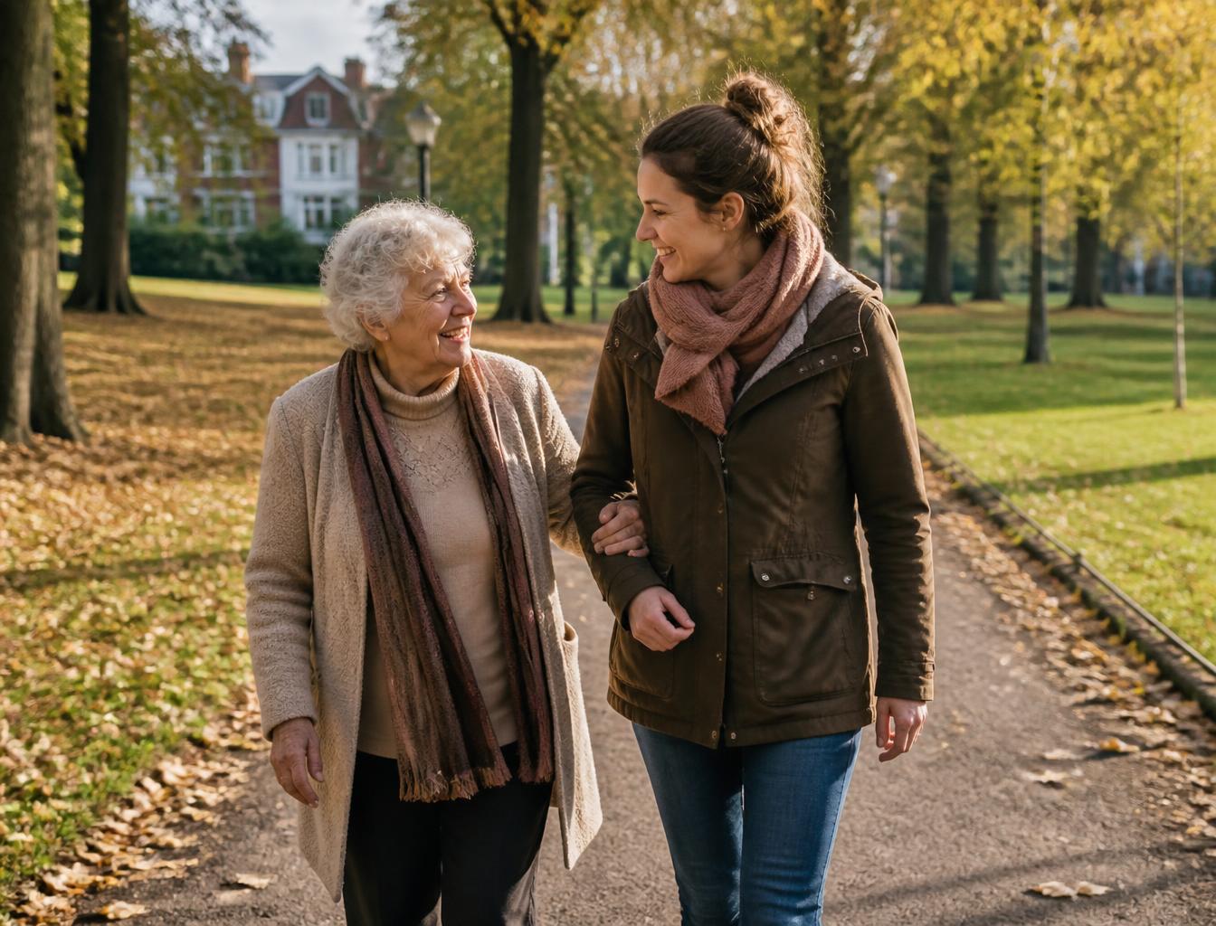 Een begeleider en een oudere vrouw wandelen samen in het park
