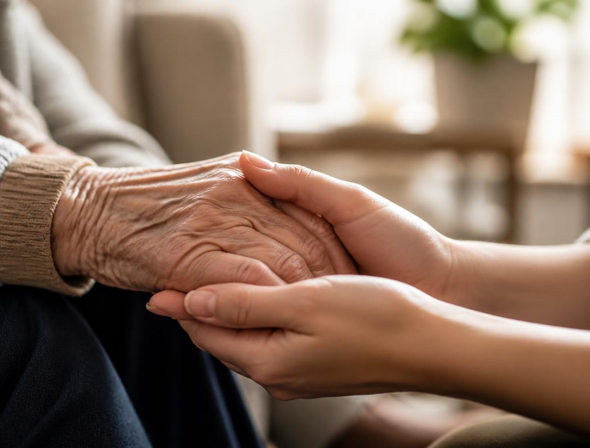 Twee handen van een begeleider en een oudere persoon die elkaar vasthouden
