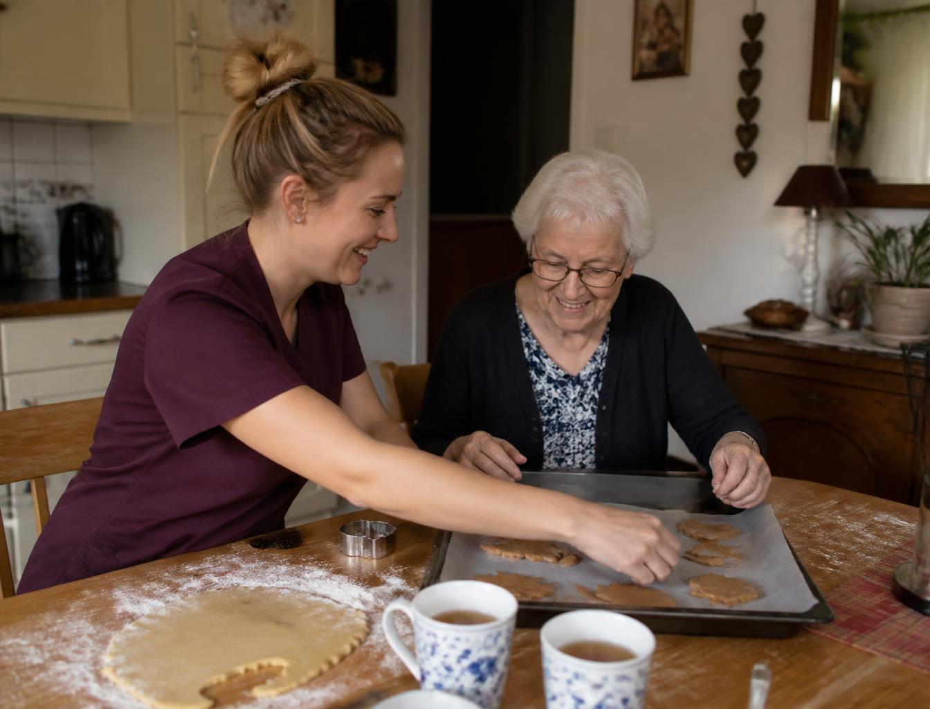 Een begeleider en een oudere vrouw bakken samen koekjes in de keuken